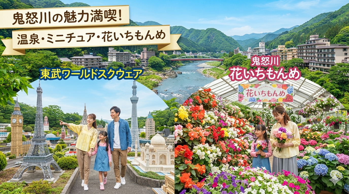 鬼怒川温泉と近くの観光地、東武スクウェアや花いちもんめを楽しんでるイメージ