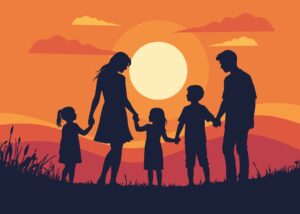 親子で夕日を眺める後ろ姿