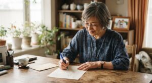 息子への思いを込めて手紙を書く母親の様子